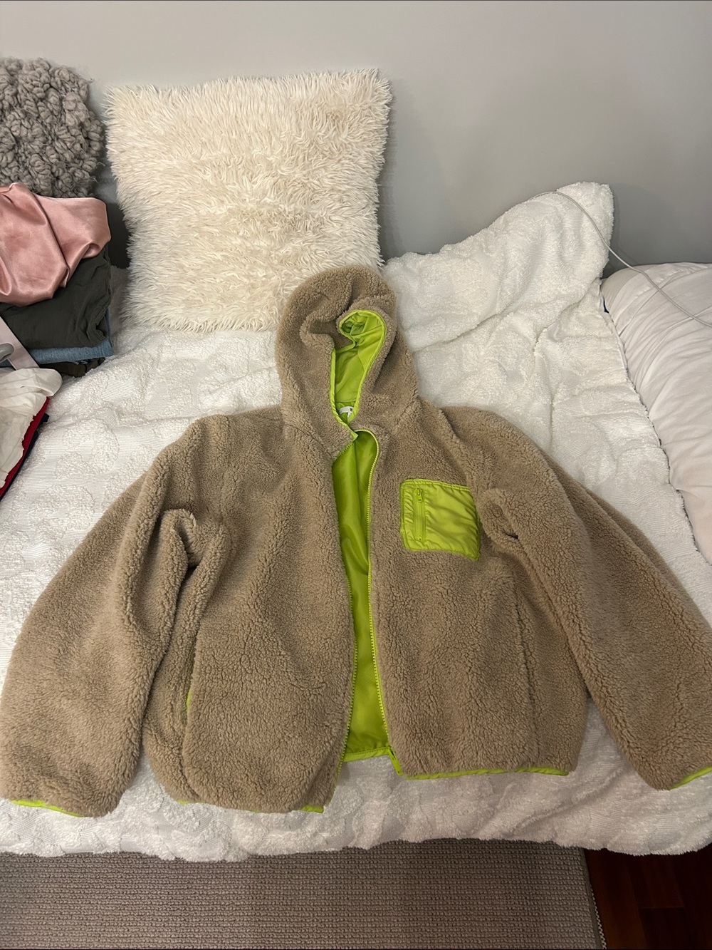 bp Plush Hooded Puffer Jacket in Light Brown with Lime Green Trim